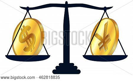 Gold Coin Of American Dollar Usd And Chinese Yuan Cny On Scales Isolated On White Background. Laws O