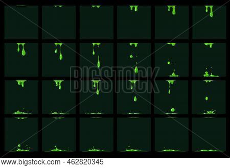 Green Slime Animation, Animated Sprite Effect, Vector Game Cartoon Ui. Green Poison Or Liquid Slime 