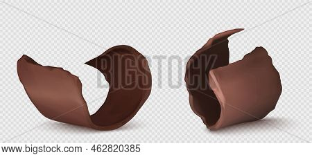 Chocolate Curls, Shaving Flakes Or Pieces Of Sweet Food Isolated On Transparent Background. Cocoa Pr