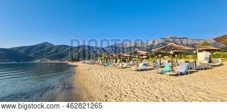 Thassos, Greece - August 19, 2022: Panorama With The Golden Beach (skala Potamia) During A Sunny Sum