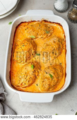 Meatballs With Cabbage. Lazy Cabbage Rolls With Mashed Potatoes And Sour Cream