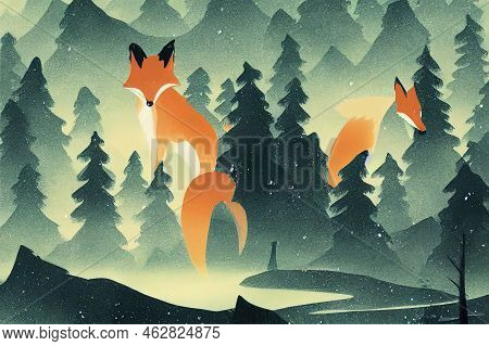 Ondering Fox, Forest Background, Silhouettes Of Trees. Magical Misty
