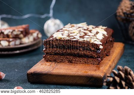 Traditional Polish Dessert Piernik, Pryanik Or Sponge Cake With And Honey. Rectangular Piece Of Brow