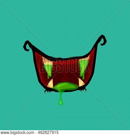 Vector Cartoon Funny Zombie Monster Open Mouth With Drooling Green Slime Isolated On Background. Vec