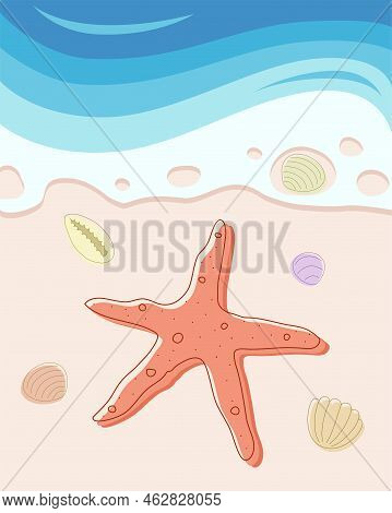 Postcard, Background Of Beach Scene With Starfish And Seashels In Ocean Waves In.