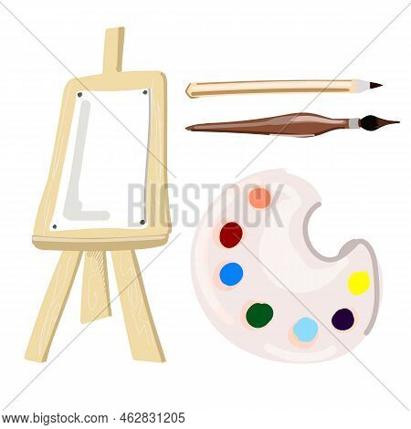 Painting Set: Easel, Pencil, Brush And Paints. Isolated On White Background. Cartoon Style.