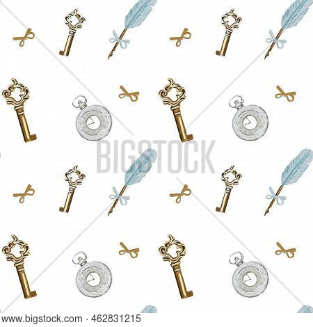 Old Keys, Pen For Writing And Pocket Watch Seamless Pattern.