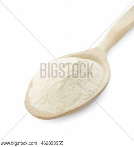 Wooden Spoon Of Agar-agar Powder Isolated On White