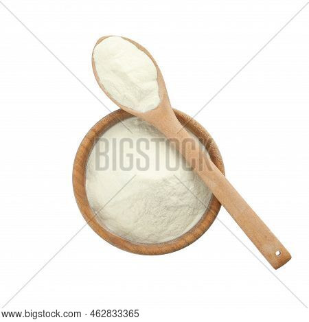 Wooden Bowl And Spoon Of Agar-agar Powder On White Background, Top View