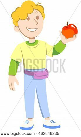 Boy Holding Apple.
Color Vector Illustration Of A Cartoon Little Boy Holding A Red Apple.