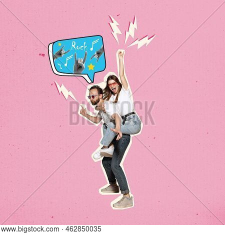 Young Happy Couple As Rock Fans. Composite Creative Art And Pop Collage In Magazine Style Of Man And