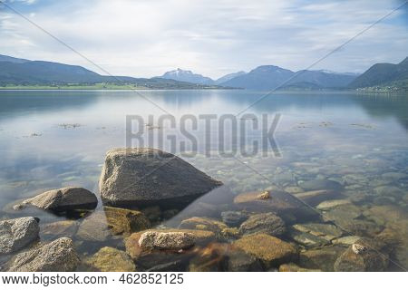 Landscape View Of The Fiords And Mountains In Lofoten Islands, Norway. High Quality Photo