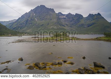 Landscape View Of The Fiords And Mountains In Lofoten Islands, Norway. High Quality Photo