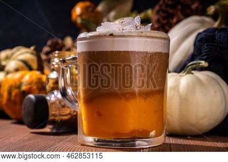 Pumpkin Spice Latte In A Glass Mug