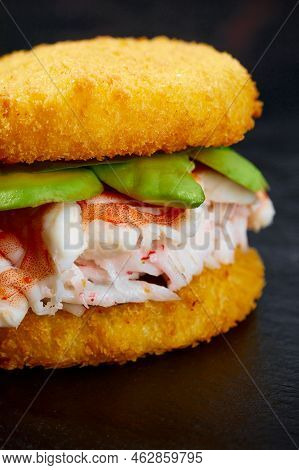 Pan-asian Cuisine Concept. Japanese Sushi Burger Made From Rice Bread, Crab Meat, Avokado And Wasabi