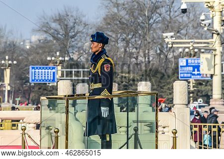 24.02.2019 Bejing China - Sodier Guard The Forbidden City Is The Chinese Imperial Palace From The Mi