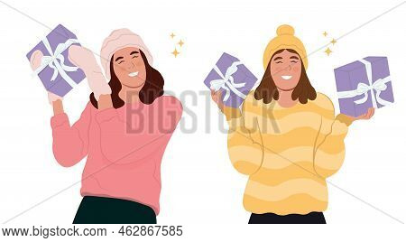 Happy Smiling Girls Holding Gift Boxes. Gift Giving Concept. Vector Illustration