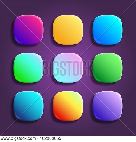 App Icons Superellipse, Glossy Vector Backgrounds Collection. 3d Squircle Buttons With Neon Holograp
