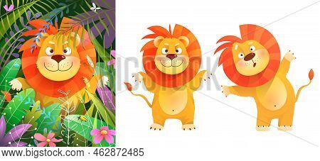 Cute Baby Lion In Nature Jungle, Coming Out From Leaves And Grass, Curious And Happy Smiling. Lion C