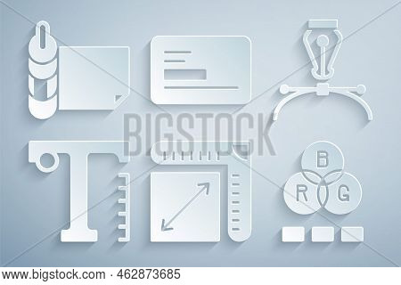Set Paper Size, Fountain Pen Nib, Text, Rgb Color Mixing, Business Card And Roll Of Paper Icon. Vect