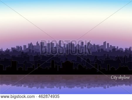 Morning Landscape Of Modern City Silhouettes Nd Reflection In Water. Cityscape With Sunrise. Vector 