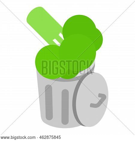 Organic Garbage Icon Isometric Vector. Green Broccoli In Trash Can With Lid Icon. Household Waste, S