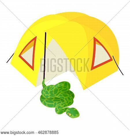 Anaconda Icon Isometric Vector. Green Anaconda Near Yellow Open Camping Tent. Camping, Ecotourism, S