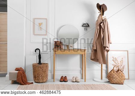 Modern Hallway Interior With Stylish Dressing Table And Key Holder