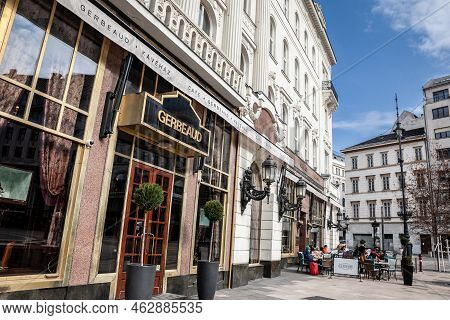 Budapest, Hungary - February 27, 2022: Main Facade Of Cafe Gerbeaud On Vorosmarty Ter Square. Gerbea