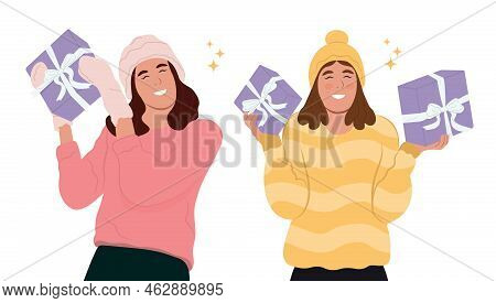 Happy Smiling Women Holding Gift Boxes. Gift Giving Concept. Vector