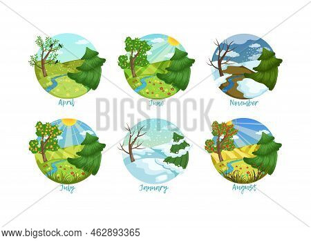 April, June, November, July, Januar, August Months Of Year Set. Four Seasons Nature Landscapes In Ci