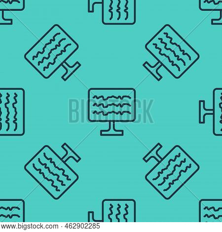 Black Line Encephalogram Icon Isolated Seamless Pattern On Green Background. Electrical Activity. Ve