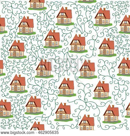 Seamless Pattern With Houses And Ivy Branches, Plants, English Old House, Scandinavian Traditions