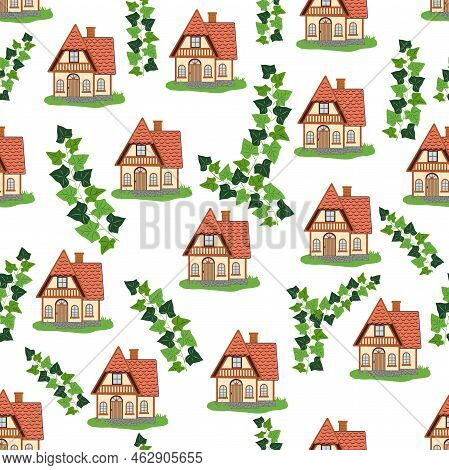 Seamless Pattern With Houses And Ivy Branches, Plants, English Old House, Scandinavian Traditions