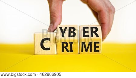 Cyber Crime Symbol. Concept Words Cyber Crime On Wooden Cubes. Businessman Hand. Beautiful Yellow Ta