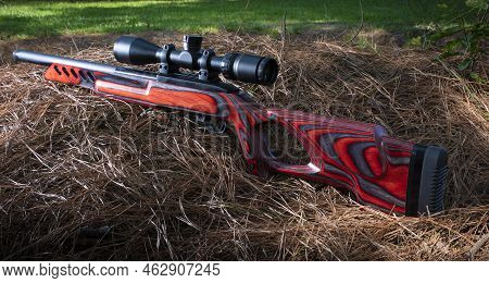 Scoped Rimfire Rifle With Laminated Red Stock Outdoors With Grass Behind