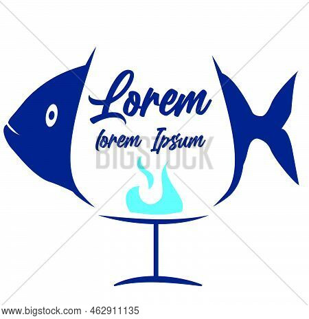 Vector Stylized Fish And Wine Glass With Flame.logo Design Template