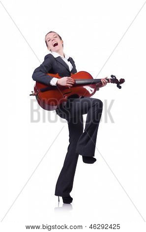 Businesswoman กับ violing ที่แยกต่างหากบนพื้นสีขาว