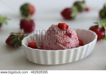 Scoops Of Homemade Strawberry Ice Cream. Three Ingredient Ice Cream Made Of Fresh Strawberries, Whip
