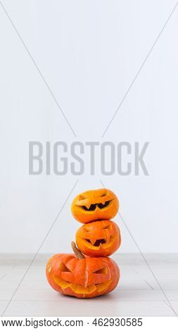 Banner Halloween Pumpkins Instagram Stories. Funny Jack Olantern On The Light Room