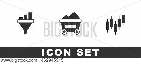 Set Sales Funnel With Chart, Coal Mine Trolley And Browser Stocks Market Icon. Vector