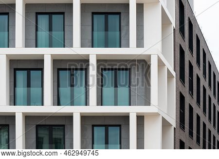 Ixelles, Brussels Capital Region - Belgium - 05 13 2021 - Rectangular Windows Of A Contemporary Apar
