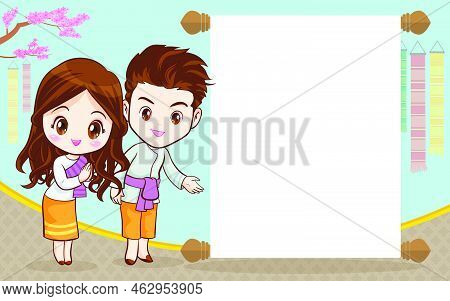 Thai Couple Cartoon Character In Traditional Costume Presenter Sawasdee And Welcome For Menu Templat