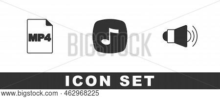Set Mp4 File Document, Music Note, Tone And Megaphone Icon. Vector