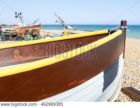 Hove United Kingdom - June 16 2009; Traditional Colourful Fishing Boats Of South England Pulled Up O