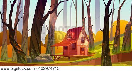 Wooden Stilt House In Autumn Forest. Old Shack With Terrace On Piles In Sunny Wood With Fall Bare Tr