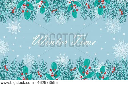 Beautiful Background With White Snowflakes And Berry Branches For Winter Design. Collection Of Chris
