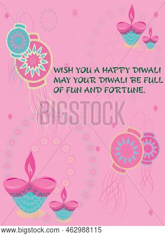 Vector Illustration Of Diwali Festival Greeting Card On Pink Baclground. Card Decorated With Hanging