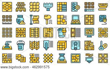 Installing Tiles Icons Set Outline Vector. House Taller. Fix Tile Thin Line Color Flat On White
