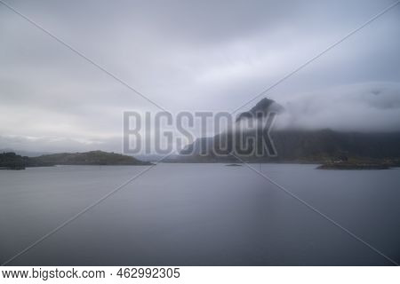 Landscape View Of The Fiords And Mountains In Lofoten Islands, Norway. High Quality Photo